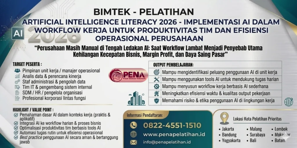 Pelatihan Artificial Intelligence Literacy 2026 – Implementasi AI dalam Workflow Kerja untuk Produktivitas Tim dan Efisiensi Operasional Perusahaan
