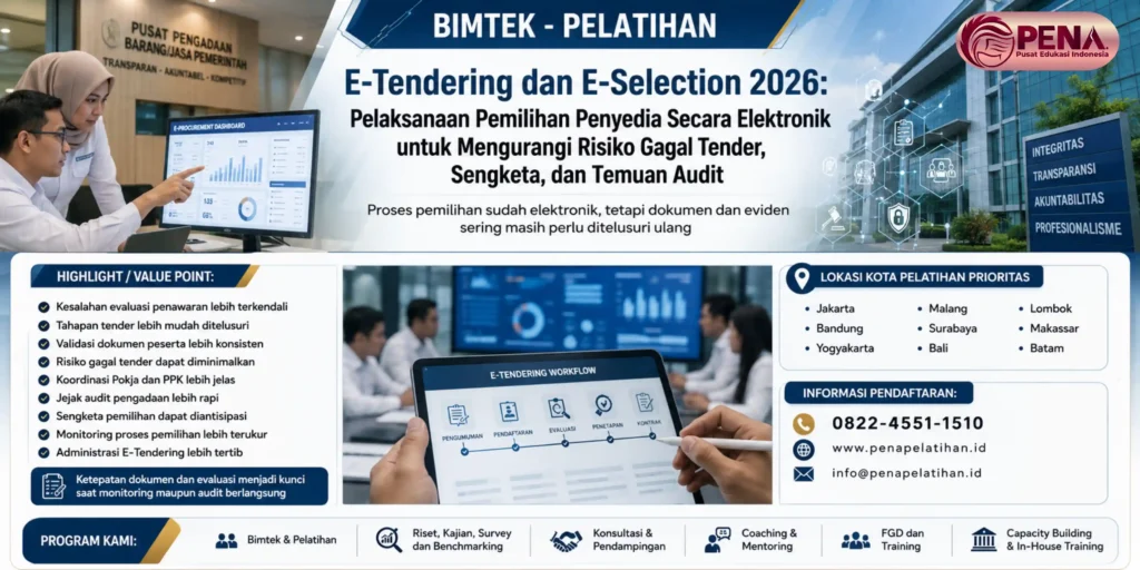 Bimtek E-Tendering dan E-Selection 2026: Pelaksanaan Pemilihan Penyedia Secara Elektronik untuk Mengurangi Risiko Gagal Tender, Sengketa, dan Temuan Audit