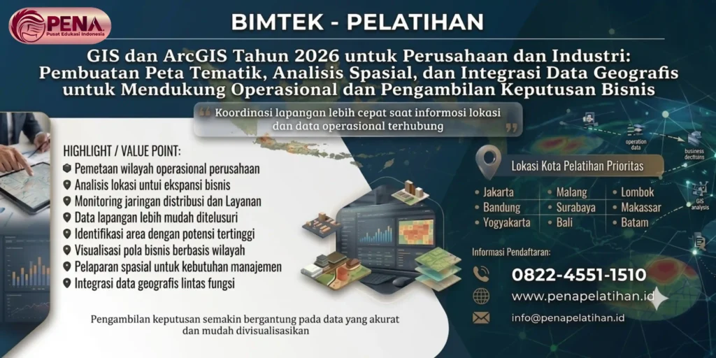 Pelatihan GIS dan ArcGIS Tahun 2026 untuk Perusahaan dan Industri: Pembuatan Peta Tematik, Analisis Spasial, dan Integrasi Data Geografis untuk Mendukung Operasional dan Pengambilan Keputusan Bisnis