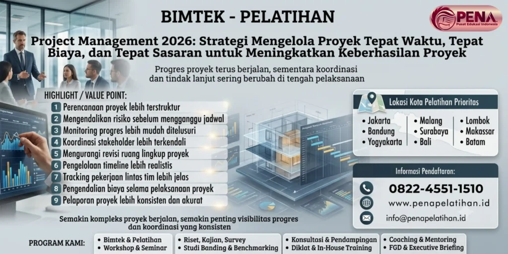 Pelatihan Project Management 2026: Strategi Mengelola Proyek Tepat Waktu, Tepat Biaya, dan Tepat Sasaran untuk Meningkatkan Keberhasilan Proyek