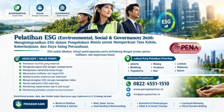 Pelatihan ESG (Environmental, Social & Governance) 2026: Mengintegrasikan ESG dalam Pengelolaan Bisnis untuk Memperkuat Tata Kelola, Keberlanjutan, dan Daya Saing Perusahaan