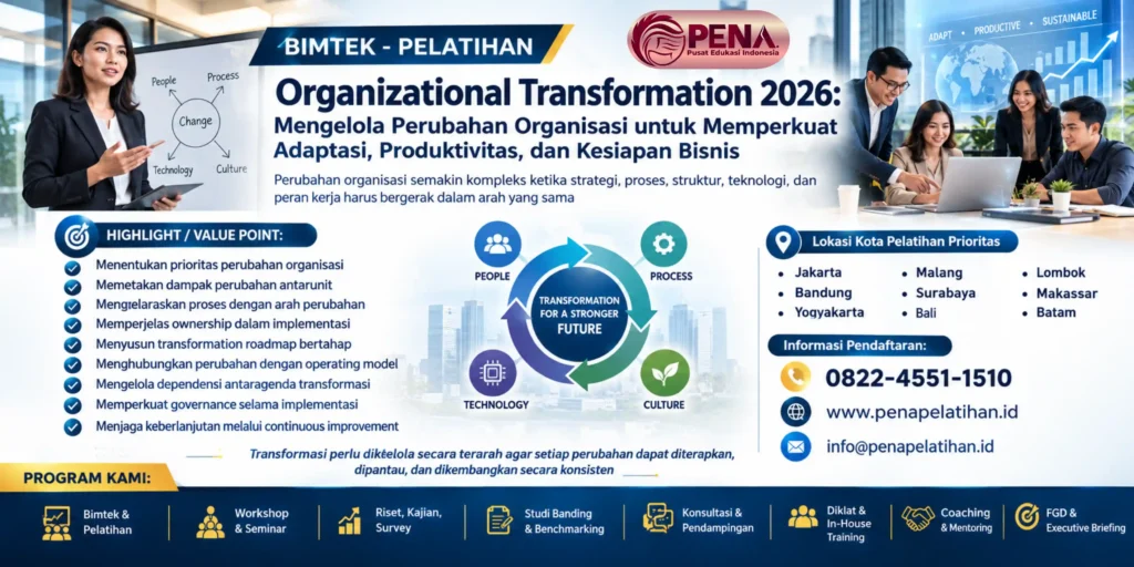Pelatihan Organizational Transformation 2026: Mengelola Perubahan Organisasi untuk Memperkuat Adaptasi, Produktivitas, dan Kesiapan Bisnis